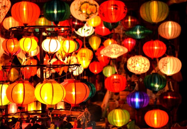 A stand full of coloured lanterns